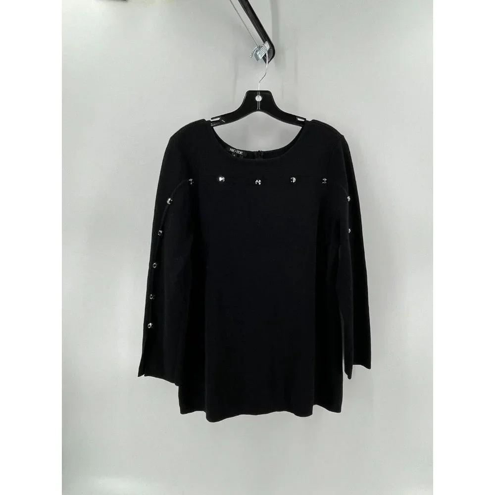 Nic + Zoe Women's Petite Black Long Sleeve Rhinestones Zip Knit Sweater Size PL - Picture 2 of 12